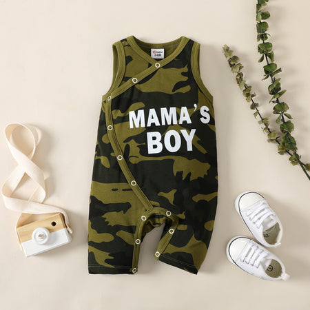Baby Boy 95% Cotton Letter Print Camouflage Tank Jumpsuit-Promo
