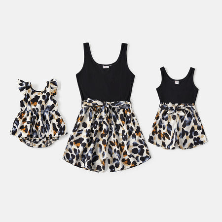 Mommy and Me Black & Leopard Print Spliced Tank Rompers