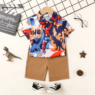2Pcs Toddler Boy Dinosaur Print Short-sleeve Shirt and Shorts Set