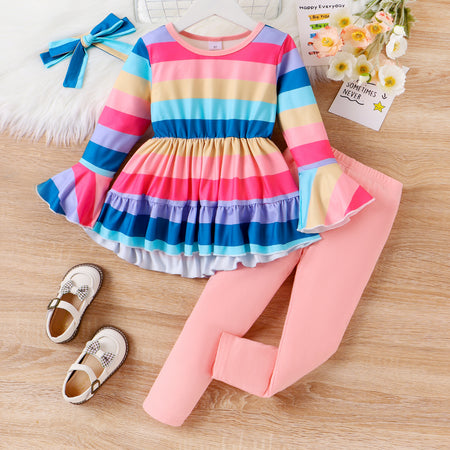 3pcs Toddler Girl's Rainbow Stripe Ruffle Edge Sleeve Shirt and Leggings Set with Headband-Promo