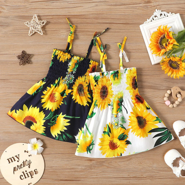 Baby Girl 100% Cotton Allover Sunflower Print Shirred Cami Dress
