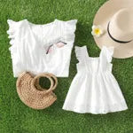 100 Cotton White Hollow-Out Floral Embroidered Ruffle Sleeveless Dress for Mom and Me