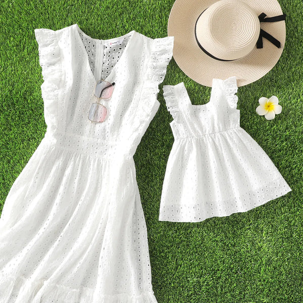 100 Cotton White Hollow-Out Floral Embroidered Ruffle Sleeveless Dress for Mom and Me