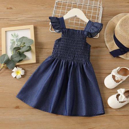 Toddler Girl Blue Flutter-sleeve Smocked Cotton Dress-Promo