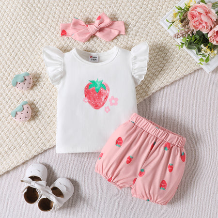 3pcs Baby Girl 95% Cotton Strawberry Pattern Ruffle Top and Shorts & Headband Set-Promo