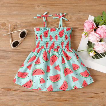 Baby Girl Allover Watermelon Print Smocked Bow Slip Dress-Promo