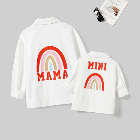 Mommy and Me Cotton Casual Rainbow Print Long-sleeve Denim Tops