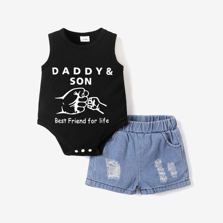 2pcs Baby Boy 100% Cotton Ripped Denim Shorts and Graphic Tank Romper Set-Promo