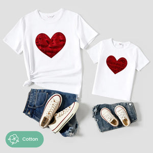 Valentine's Day Mommy and Me Heart Pattern Sparkling Reversible Sequin Embellished T-shirt Tops