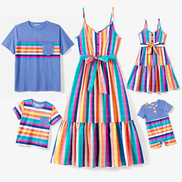 Family Matching Multi-Color Stripe T-shirt and Ruffle Hem Button Strap Dress Sets