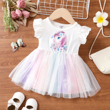 Baby Girl Unicorn Ruffle Dress in Colorful Mesh
