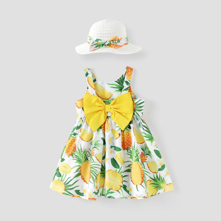 Toddler Girl 2pcs Pineapple Print Sleeveless Dress with Hat Set