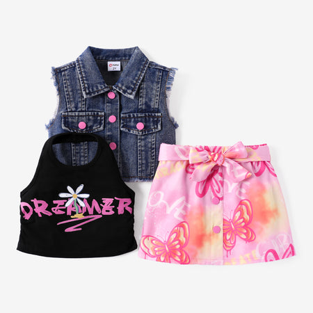 Toddler Girl 3pcs Denim Vest and Halter Design Camisole and Skirt Set