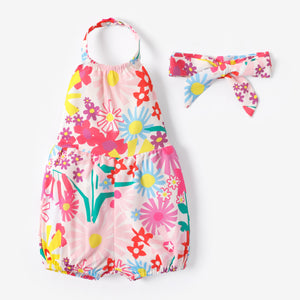 Baby Girl Sweet Floral Print Halter Jumpsuit with Headband