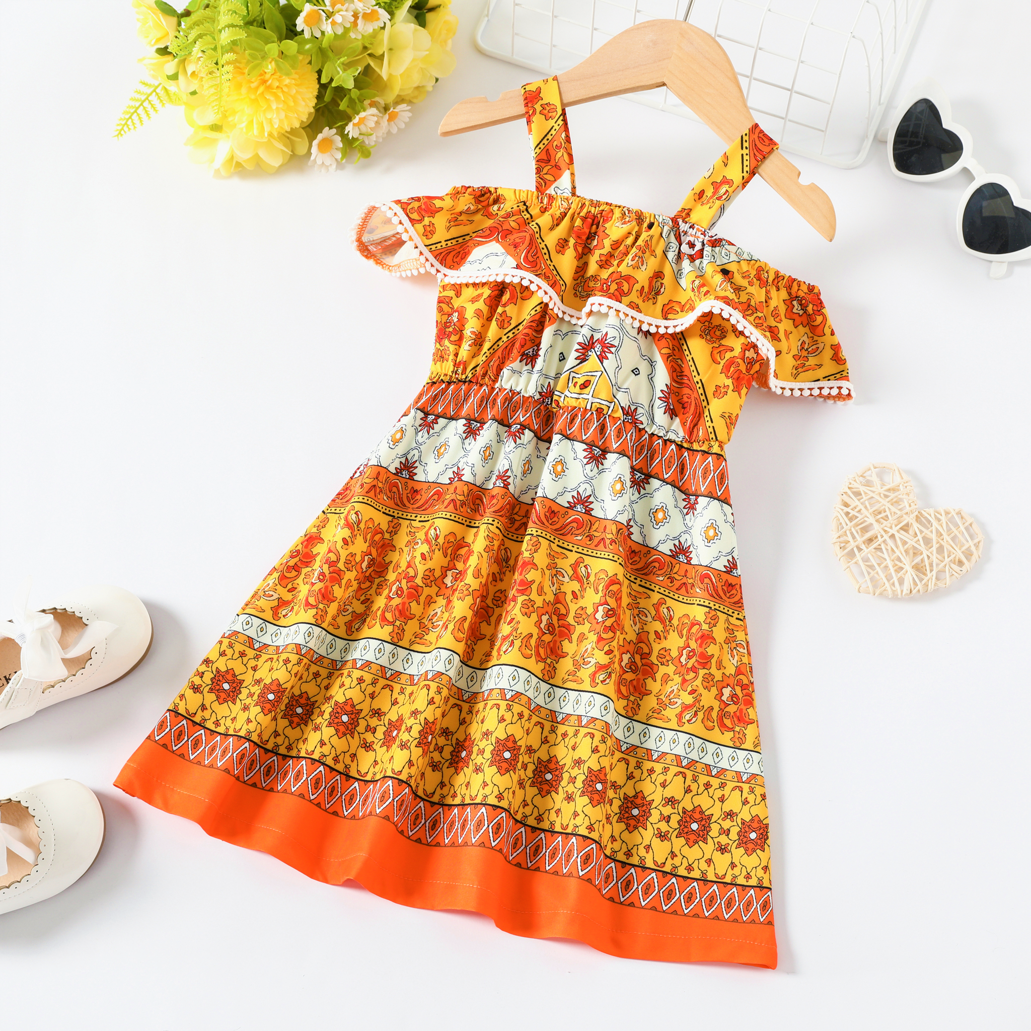 Toddler Girl Sweet Ethnic Dress with Ruffle Edge