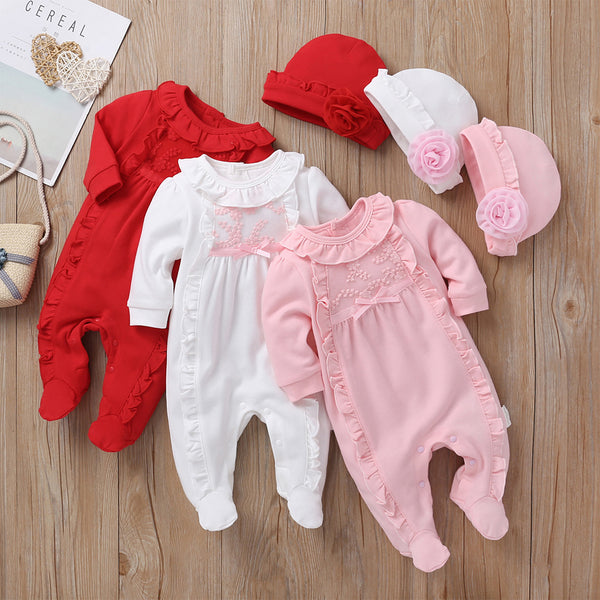 Ruffle Footie Jumpsuit with Hat Set For Baby Boy / Girl