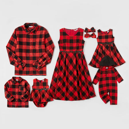 Mosaic Family Matching Cotton Christmas Sets(Bowknot Tank Dresses - Plaid Button Front Shirts- Rompers)