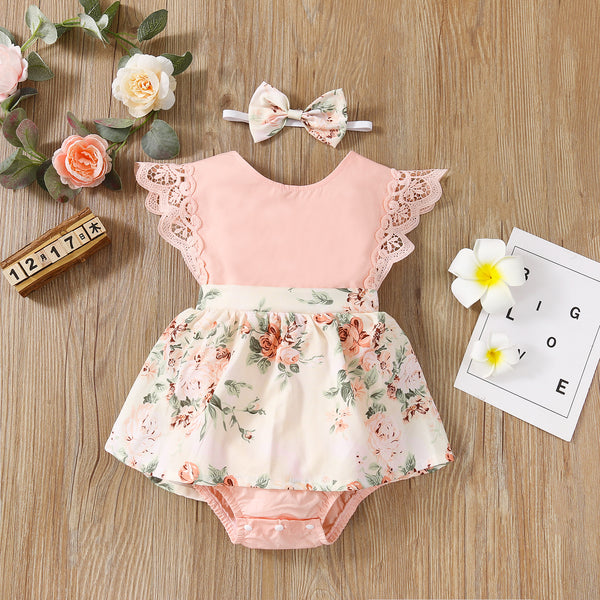 Baby Girl Floral Allover Sleeveless Romper and Headband