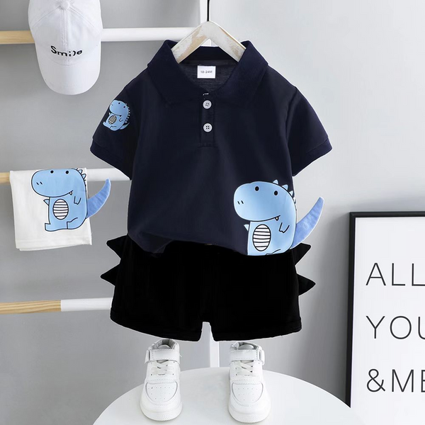 2pcs Toddler Boy Casual Dinosaur Print Polo Shirt  Spike Design Shorts Set