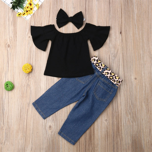 3-piece Baby Solid Flutter-sleeve Off Shoulder Top and Leopard Print Bowknot Jeans with Headband Set