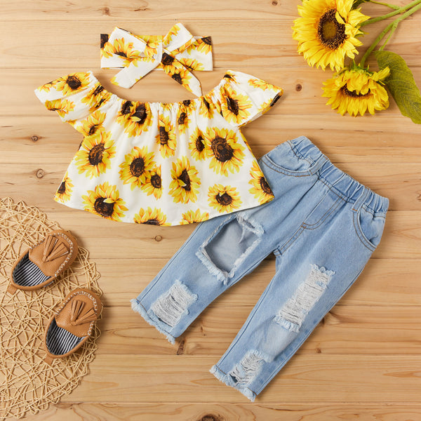 3-piece Sunflower Print Short-sleeve Top and Jeans Set Hot Sale