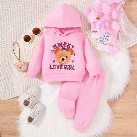 2pcs Baby Girl Sweet Bear Animal Letter pattern Hooded Sets