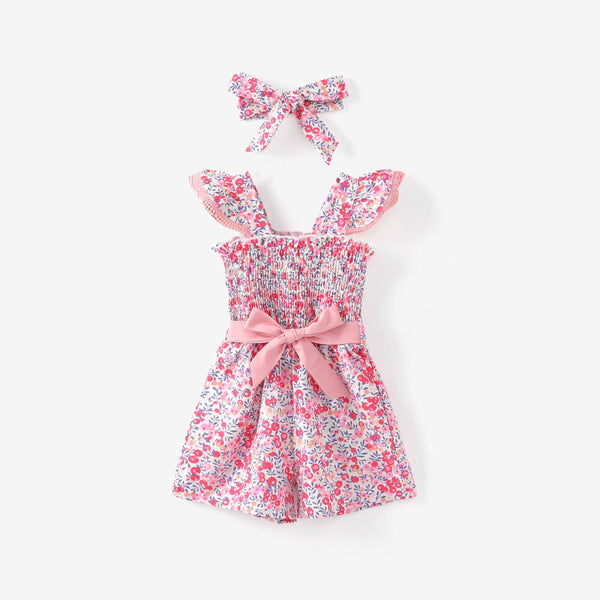 Toddler Girl 2pcs Floral Print Flutter Sleeve Jumpsuit and Headband Set/ Bow Decor Shoes