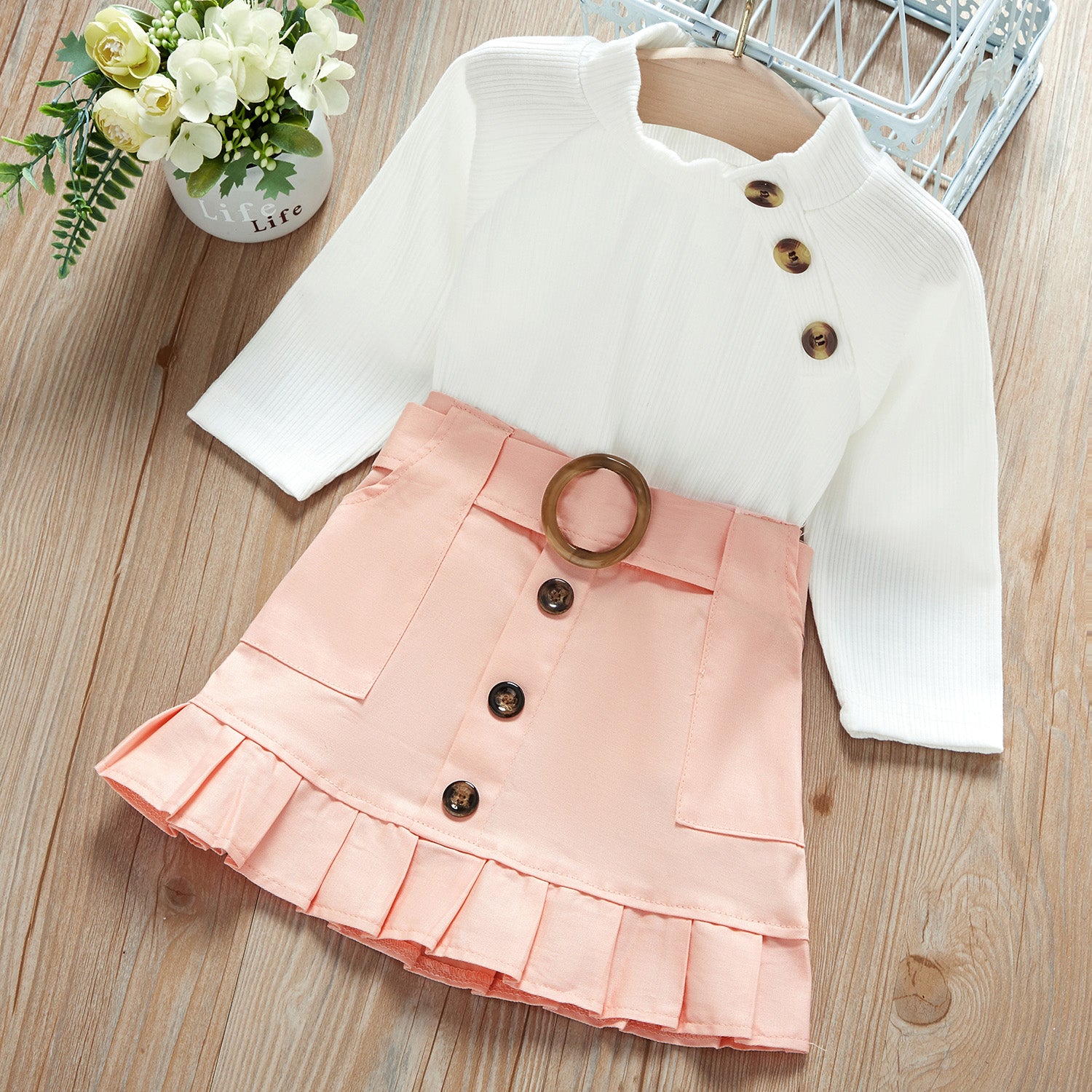 Baby / Toddler Girl Turtleneck Solid Knitted Buckle Ruffled Suit-dress
