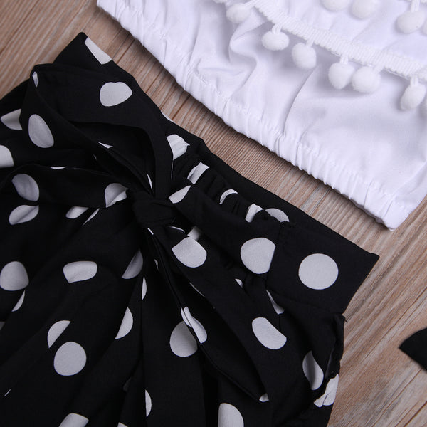 3-piece Fashionable Off Shoulder Pompon Flounced Top and Polka Dots Pants Set