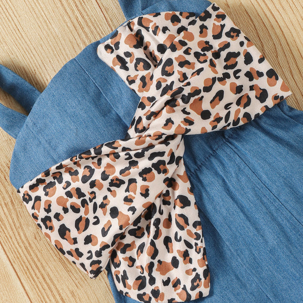 Denim Leopard Print Bow Decor Sleeveless Baby Overalls