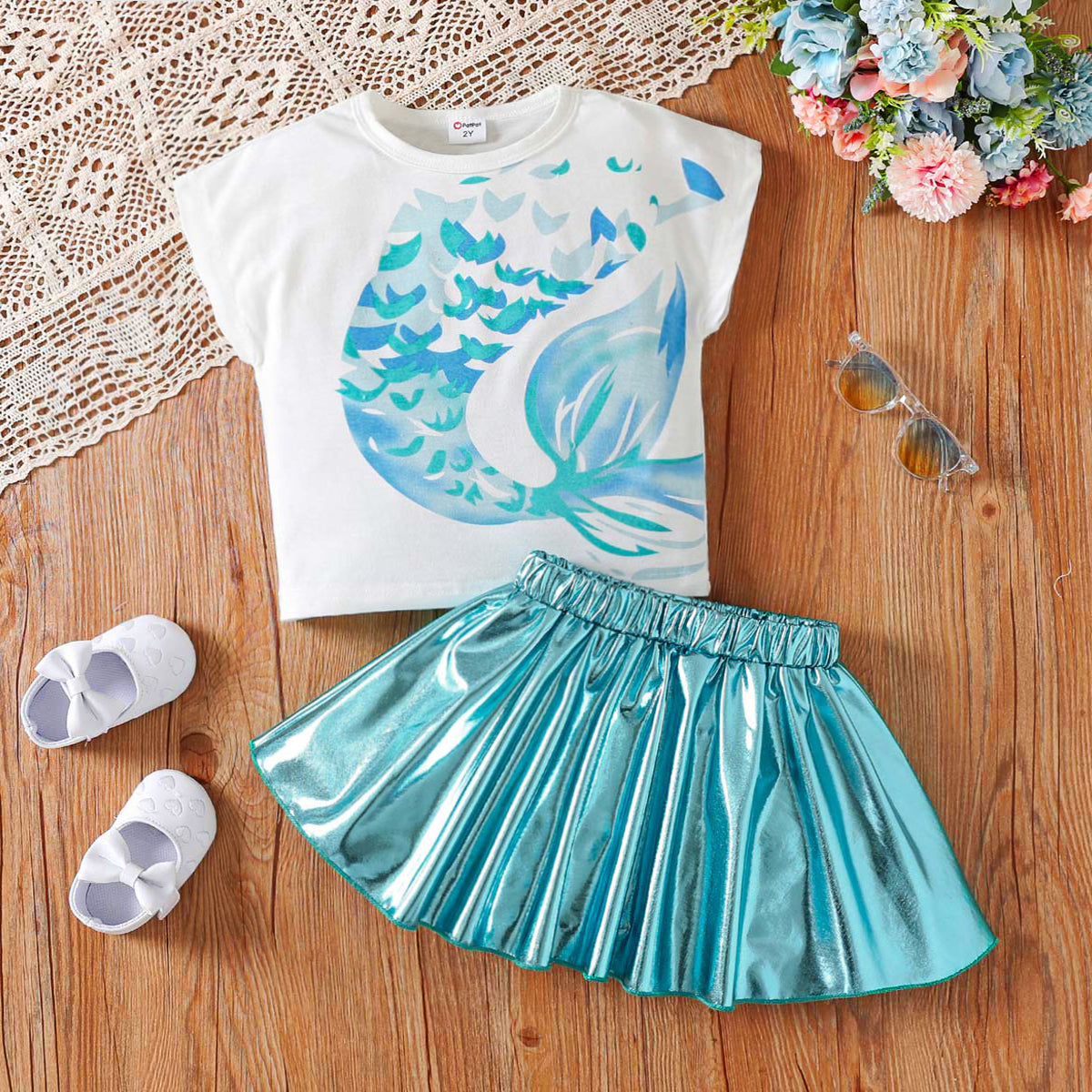 2pcs Toddler Girls'Summer Mermaid Print Colorful  Fashion Set