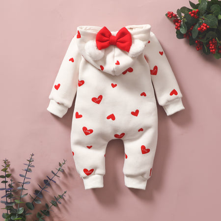 Baby Sweet Bowknot Heart Hooded Jumpsuit