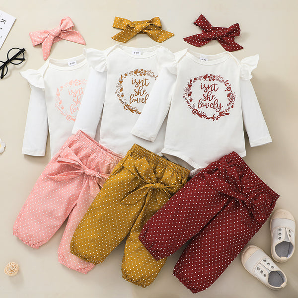 3-piece Baby Girl Letter Print Ruffled Bodysuit and Polka Dots Pants with Headband Set