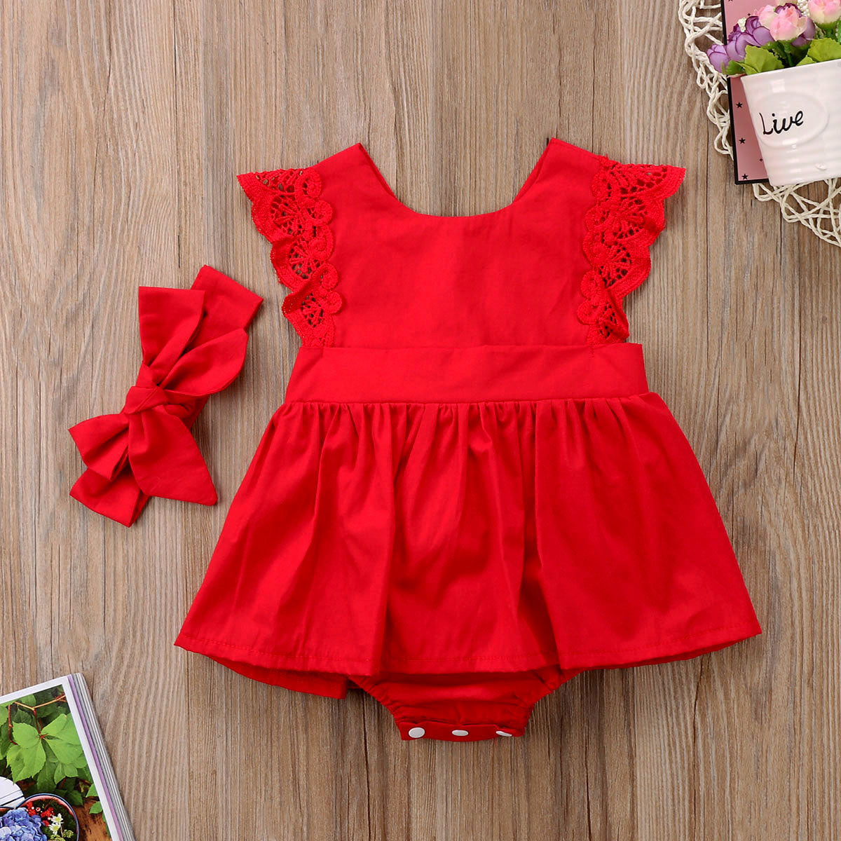 Baby Girl's Lace Dress Bodysuit and Bow Headband