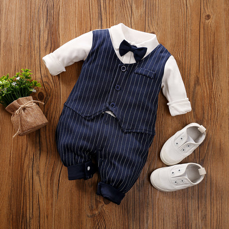 FINAL SALE-Baby Boy Gentleman Bow tie Striped Jumpsuit