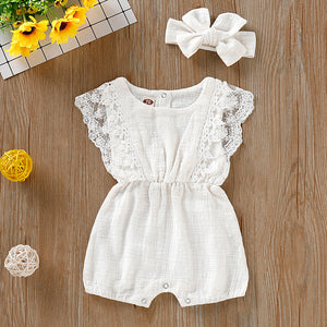 Baby Girl Solid Cotton Romper with Headband