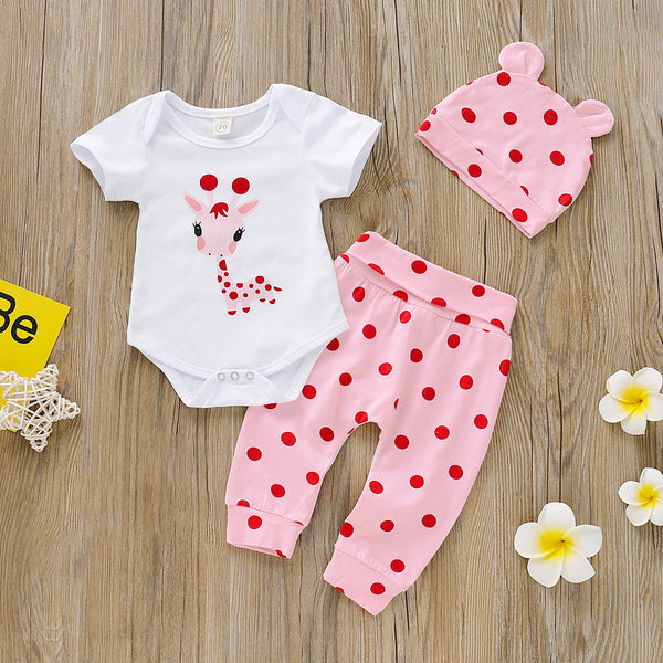 3-piece Cute Giraffe Print Romper, Polka Dot Pants and Hat Set for Baby Girl