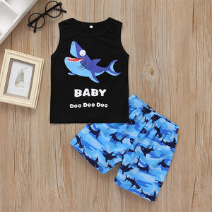 FINAL SALE-2-piece Baby / Toddler Cartoon Shark Print Tank and Shorts Set