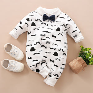 Moustache Pattern Long-sleeve Bow Tie Jumpsuit for Baby Boys