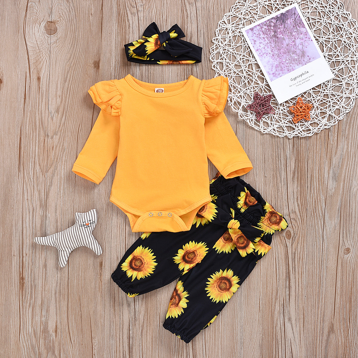 3-piece Baby / Toddler Sunflower Flutter-sleeve Bodysuit and Pants with Headband Set