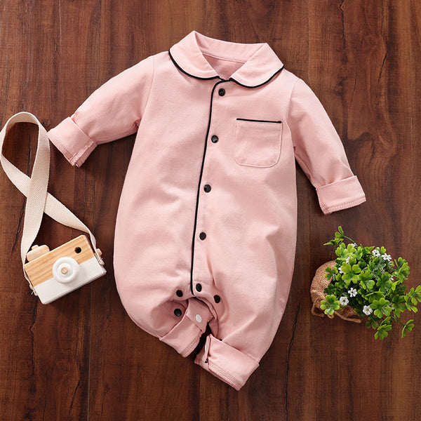 Baby Boy / Girl Newborn Cotton Solid Polo Collar Cardigan Pocket Design Long-sleeve Jumpsuit
