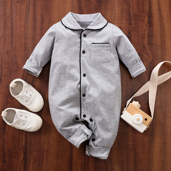 Baby Boy / Girl Newborn Cotton Solid Polo Collar Cardigan Pocket Design Long-sleeve Jumpsuit