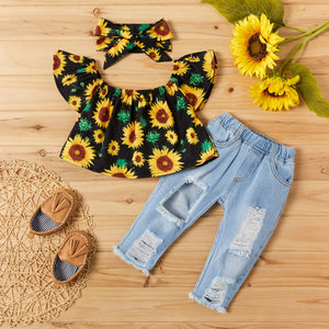 3-piece Sunflower Print Short-sleeve Top and Jeans Set Hot Sale