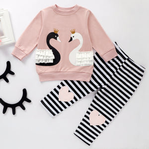 Baby Soft Swan Print Long Sleeve Top and Striped Pants Set