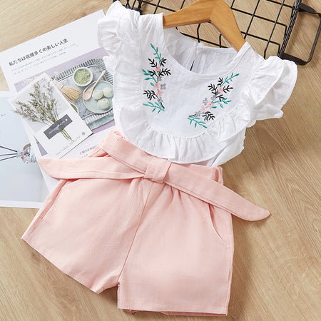 2-piece Baby / Toddler Girl Pretty Floral Embroidery Top and Solid Shorts Sets