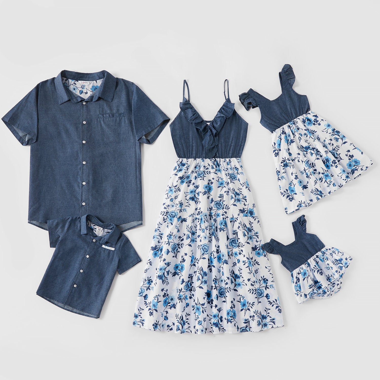Mosaic Cotton Family Matching Floral Flounce Tank Dresses and Denim Tops