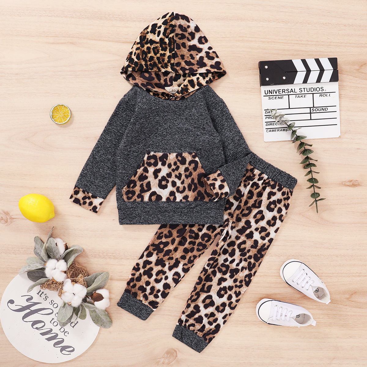 2-piece Baby / Toddler Girl Leopard Pattern Hoodie and Colorblock Pants Set