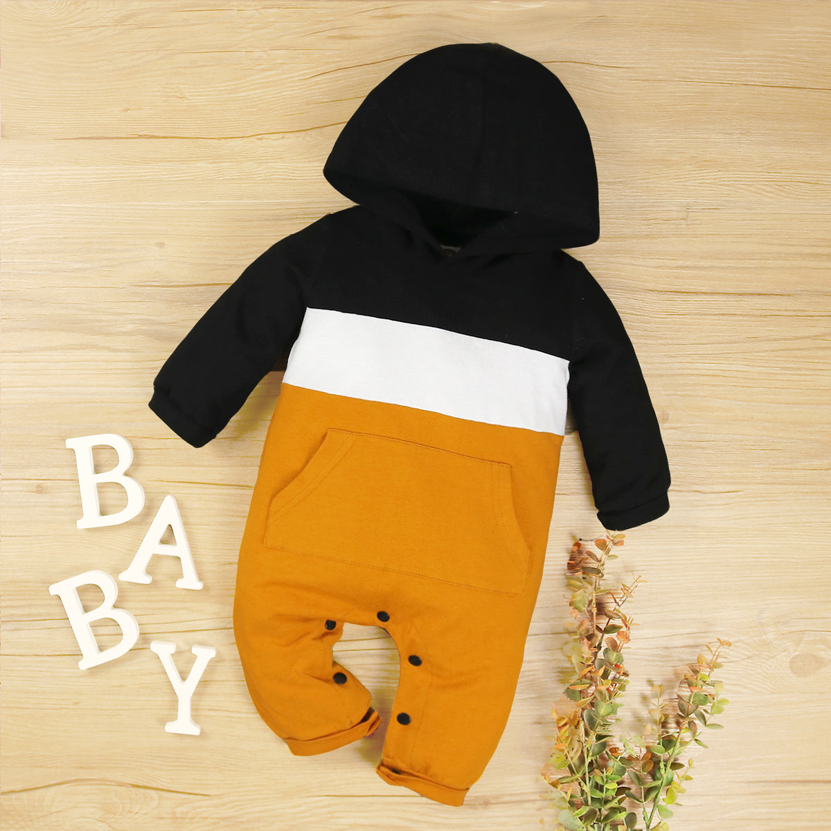 Baby Pocket Hooded Casual Colorblock Jumpsuit