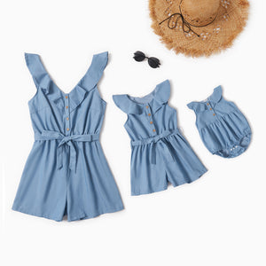 Denim Blue Lotus Leaf Collar With Buttons Rompers for Mom and Me