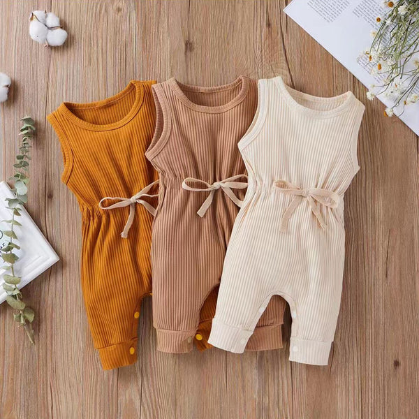 Solid Color Sleeveless Ribbed Baby Jumpsuit
